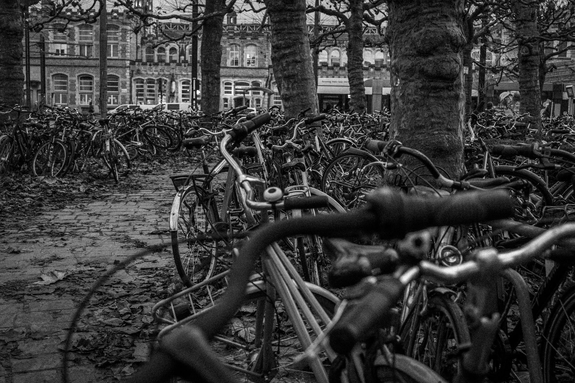 A black and white photo of a bunch of bikes
